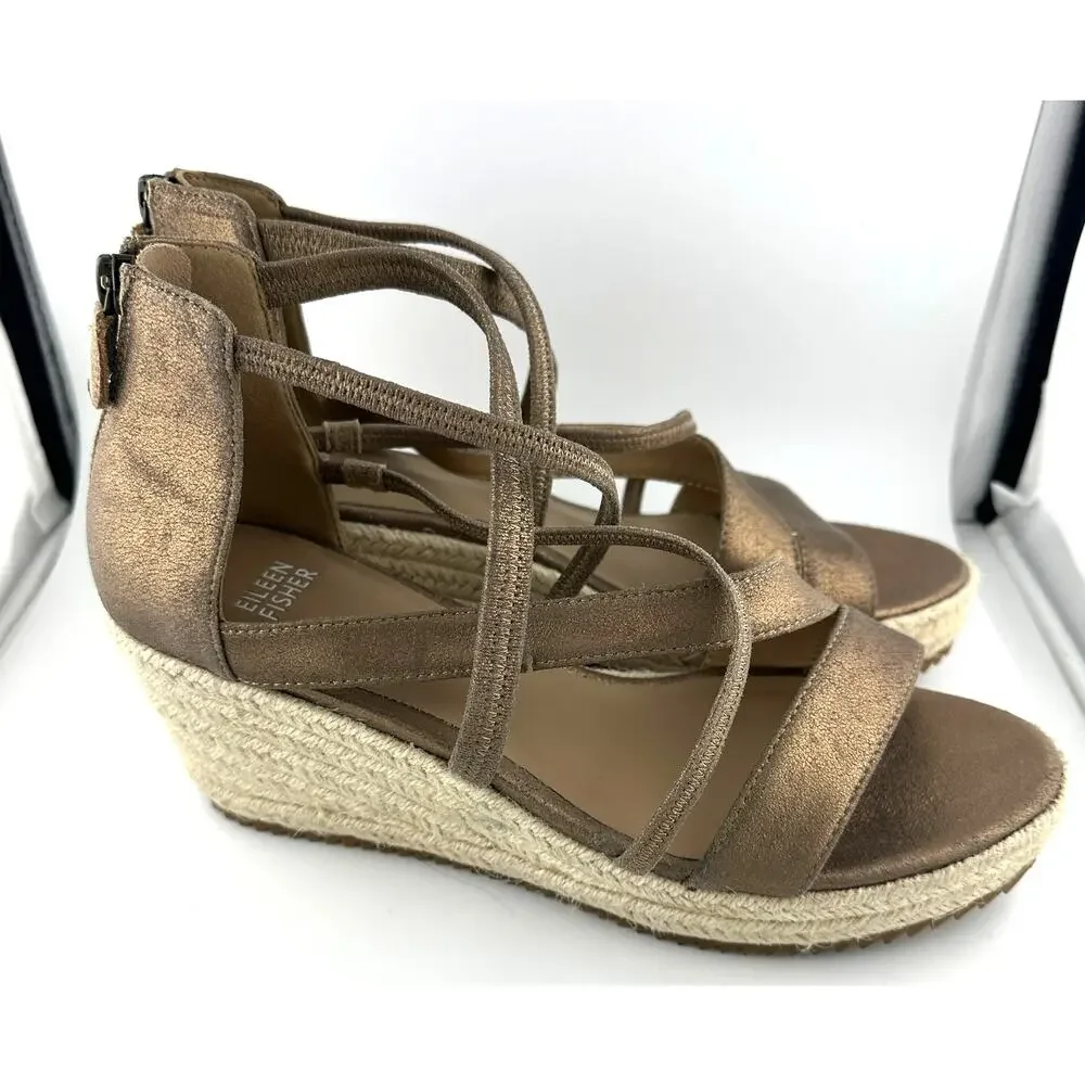 Eileen Fisher Wanda espadrille strappy Bronze Gold Leather wedges size 9 NWOB - Picture 3 of 6
